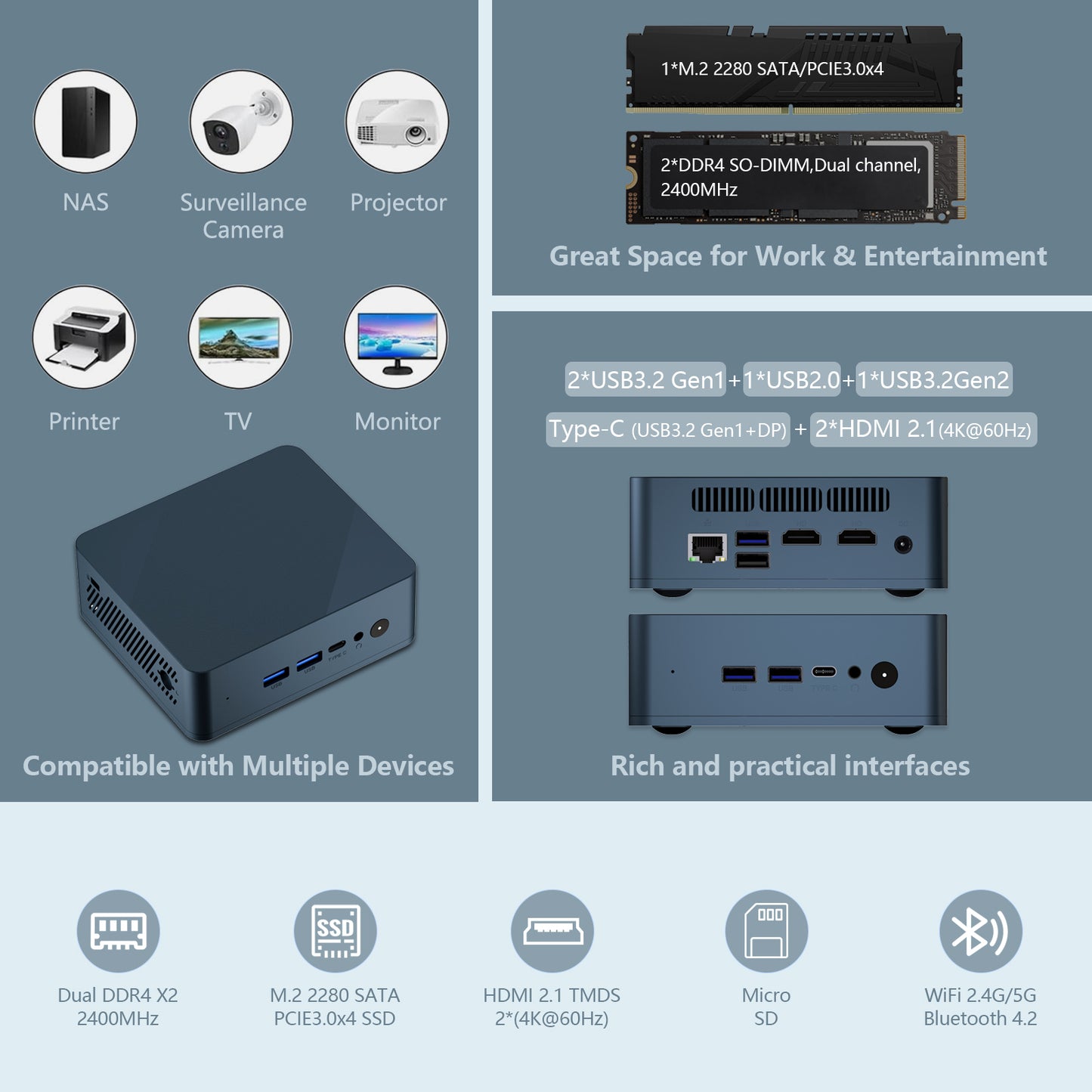 KR1 Gaming Mini PC, R5-3550H (up to 3.7GHz), 16GB RAM 512GB SSD, Support WiFi 5, BT4.2 Above, USB Type A,HDMI 2.1 TMDS,RJ45,Type-C,DC-in Jack,Home/Business Mini Desktop Computer,Win 11 Pro/Linux