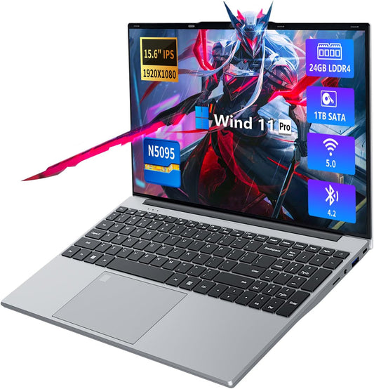 KUU 15.6 inch N5095 Laptop Computer 24GB RAM 1024GB SSD with 4 Core Intel Celeron, FingerPrint, Backlit Keyboard, Windows 11 Pro