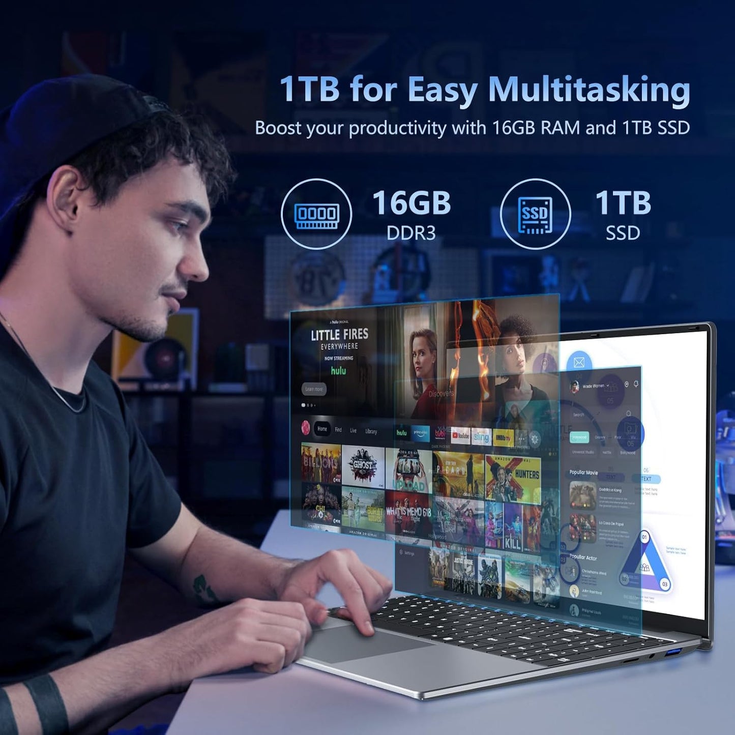 Gaming Laptop i5-7Y54, 15.6 inch Laptop(Up to 3.20 GHz), Business Notebook Computer for 16GB RAM 1TB SSD, Full HD 1920X1080 Display Backlit Keyboard 180 Angle Opening,WiFi 5 BT4.2 MINI HDMI