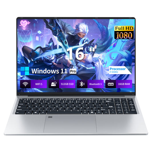 KUU 16'' Windows 11 Laptop Computer, Intel Core i7-6500U Laptop 16GB DDR4 512GB SSD, FHD 1080P Display & Backlit Keyboard, Fingerprint, Webcam, Mini-HDMI, WiFi 5, Bluetooth, Study, Business
